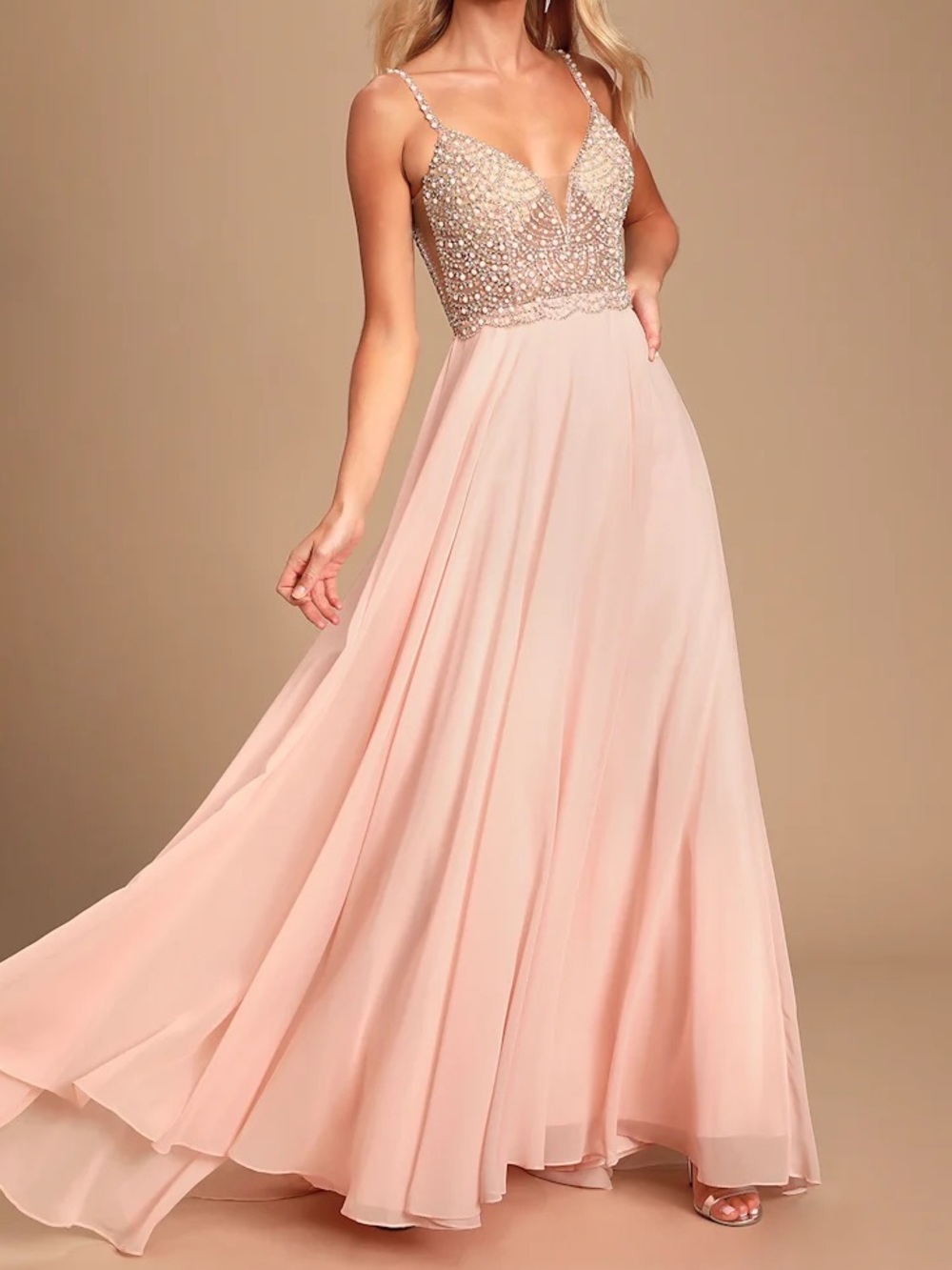 Lulu's True Love Blush Beaded V-Neck Chiffon Pageant Prom Dress